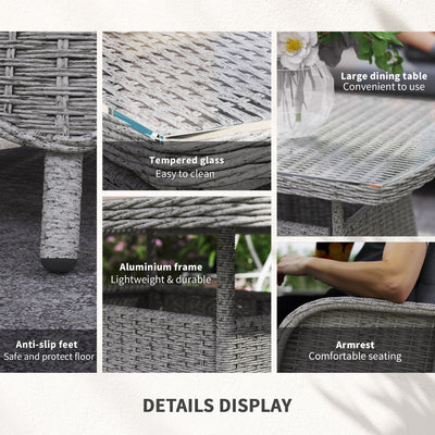 Outsunny Garden PE Rattan Dining Sofa Set, Outdoor 4 Seater Wicker Furniture, High Back Chairs with Cushions, Tempered Glass Coffee Table for Patio, Light Grey 
