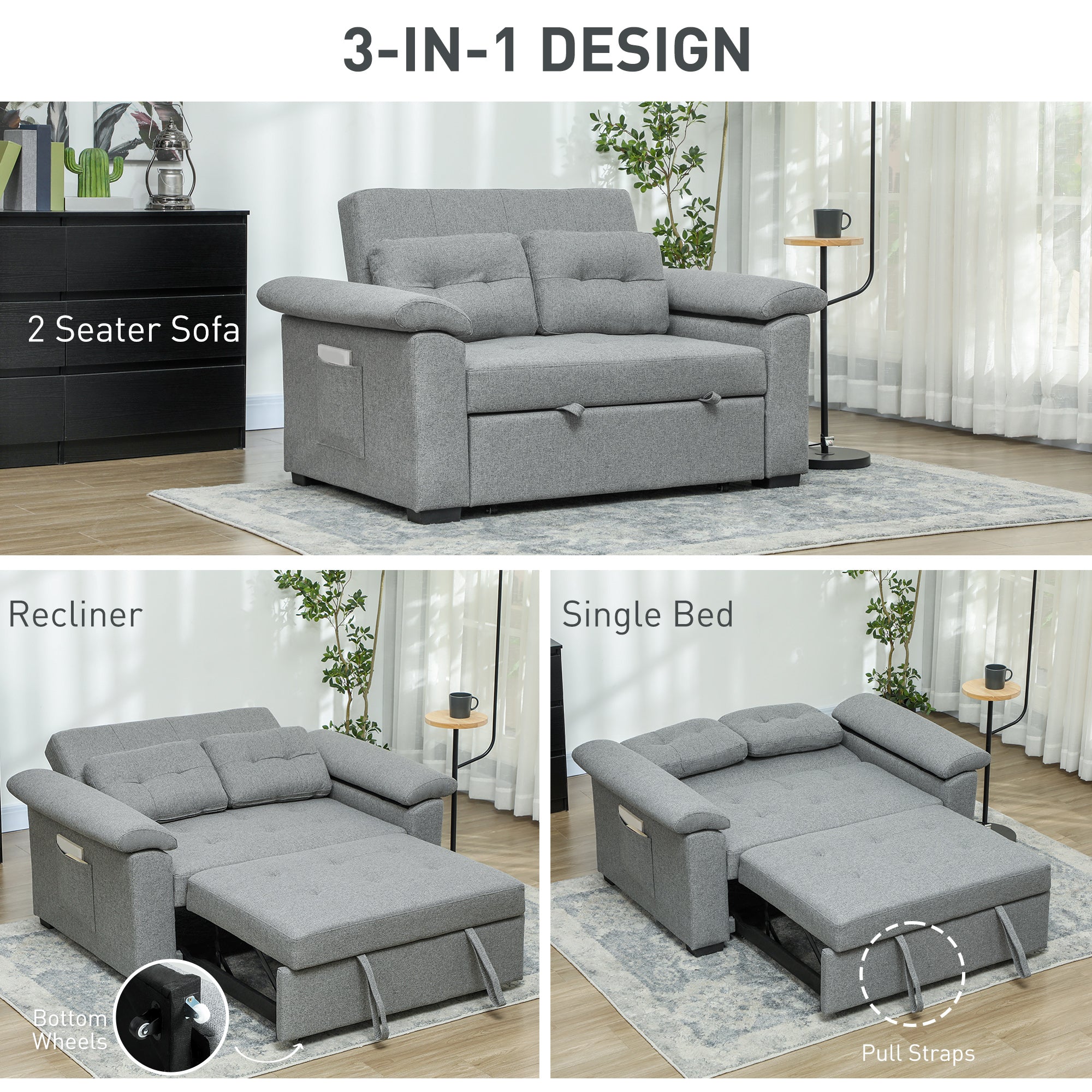 HOMCOM Pull Out Sofa Bed with 2 Pocket Springs, Fabric 2 Seater Click Clack Sofa Bed Settee, Convertible Sofa Couch with Pillows and Side Pockets for Living Room, Home Office, Light Grey 