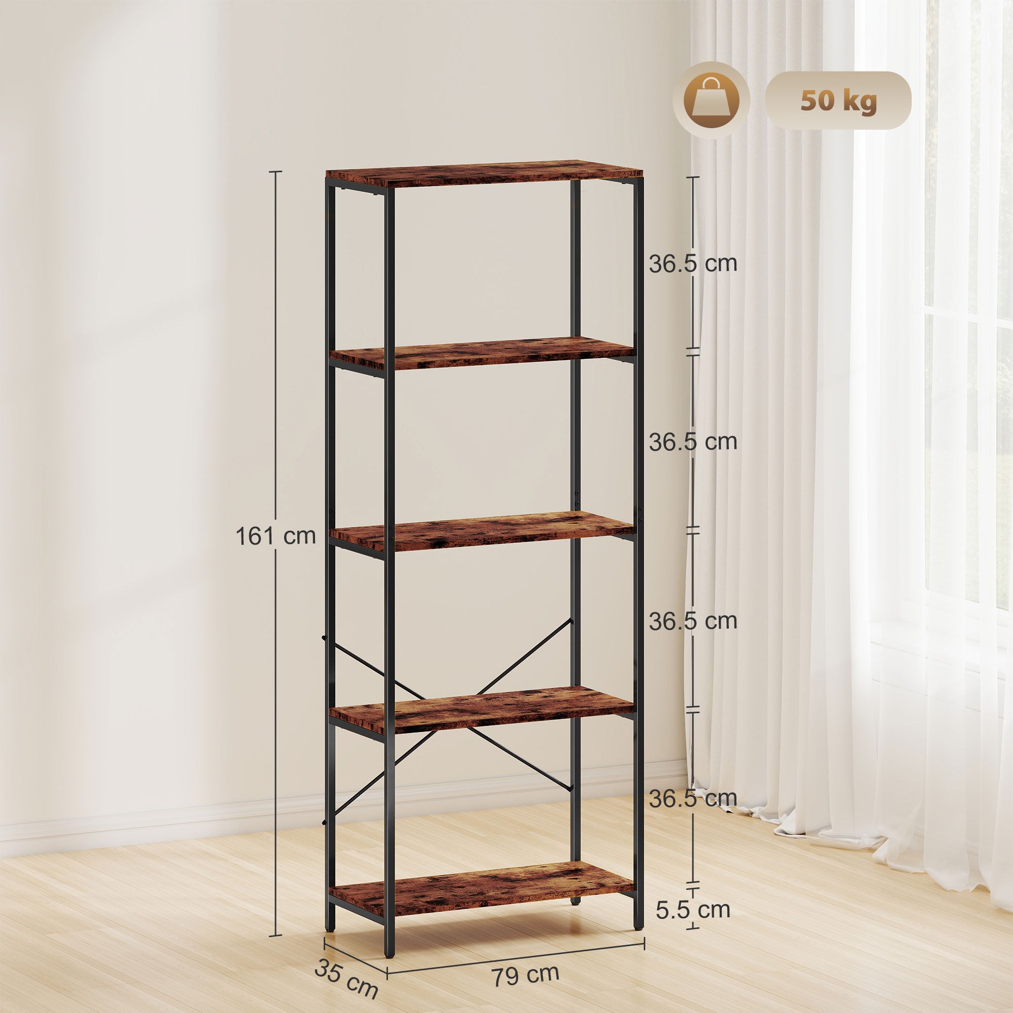 HOMCOM 5-Tier Bookshelf, Industrial Bookcase with Metal Frame - Rustic Brown and Black 