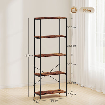 HOMCOM 5-Tier Bookshelf, Industrial Bookcase with Metal Frame - Rustic Brown and Black 