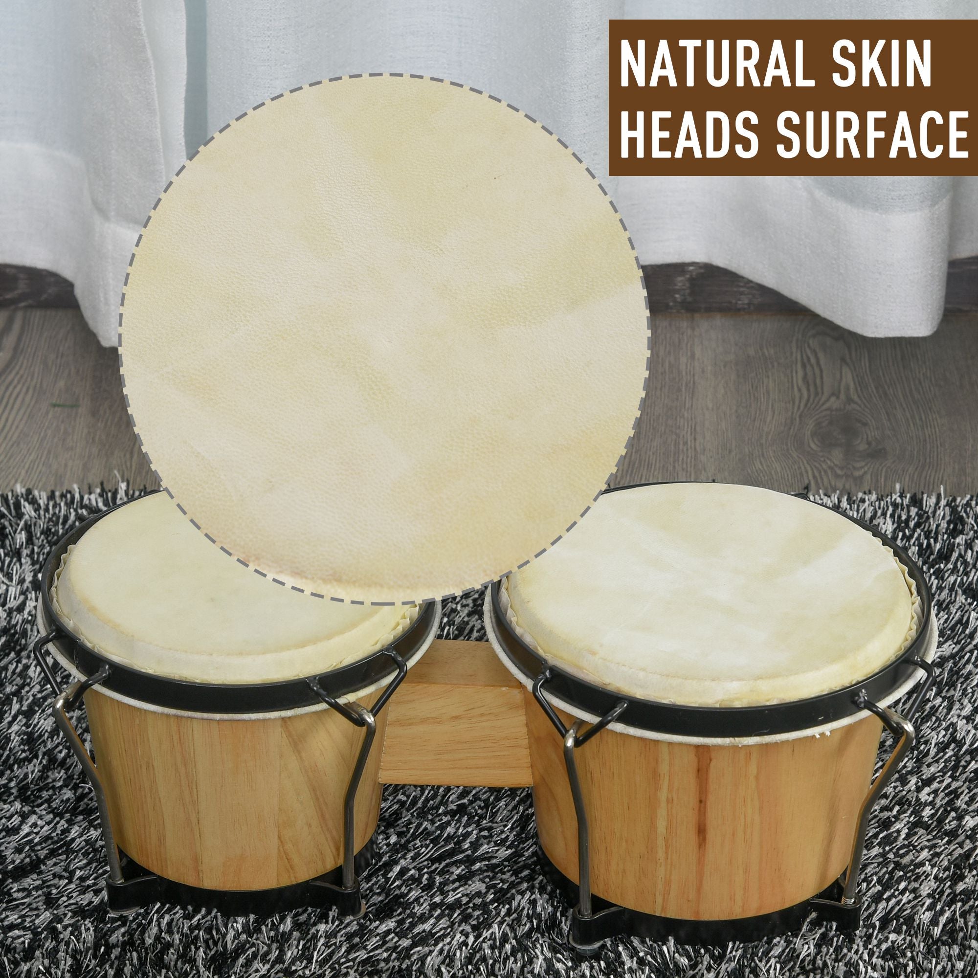 HOMCOM Wooden Bongo Drum Set Φ7.75" & Φ7" w/ Drum Head, Percussion Instrument, Drums, Tuning Wrench For Adults Beginners 