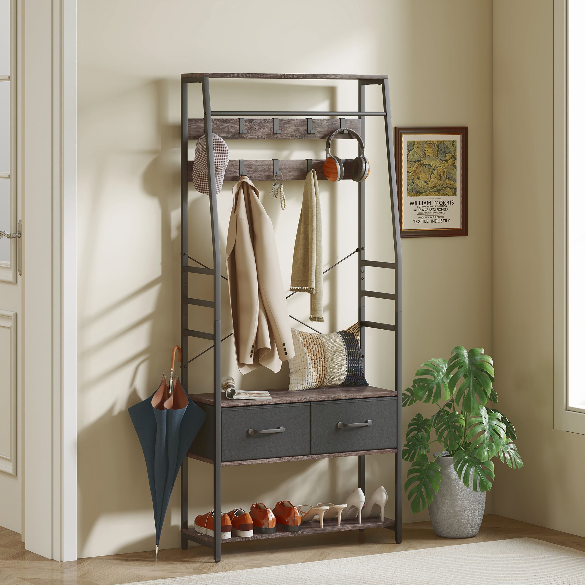 HOMCOM Coat Rack with Shoe Storage, Hall Tree, Industrial Coat Stand with Shoe Bench, 10 Removable Hooks, 2 Fabric Drawers and Clothes Rail for Entryway, Hallway, Grey 