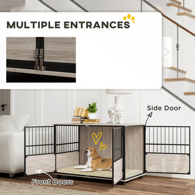PawHut 100cm Furniture Style Dog Crate Dog Cage End Table Indoor with 3 Doors Soft Washable Cushion, for Large Sized Dogs 