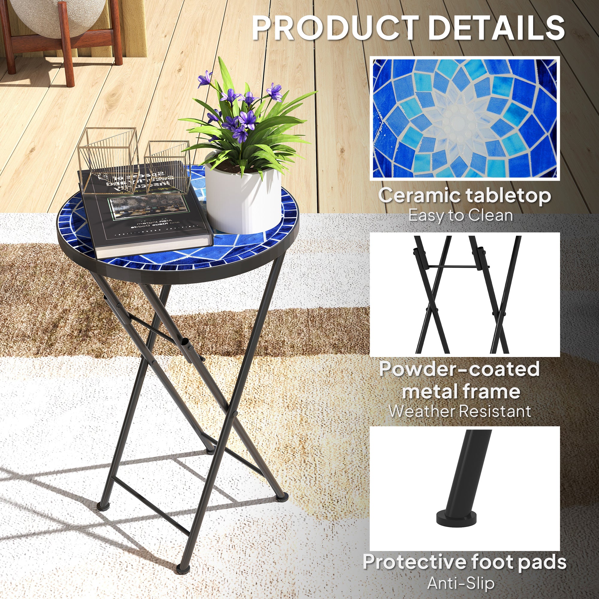 Outsunny Mosaic Outdoor Garden Table, 35.5cm Round Folding Coffee Table with Metal Frame for Balcony Terrace, Navy Blue 