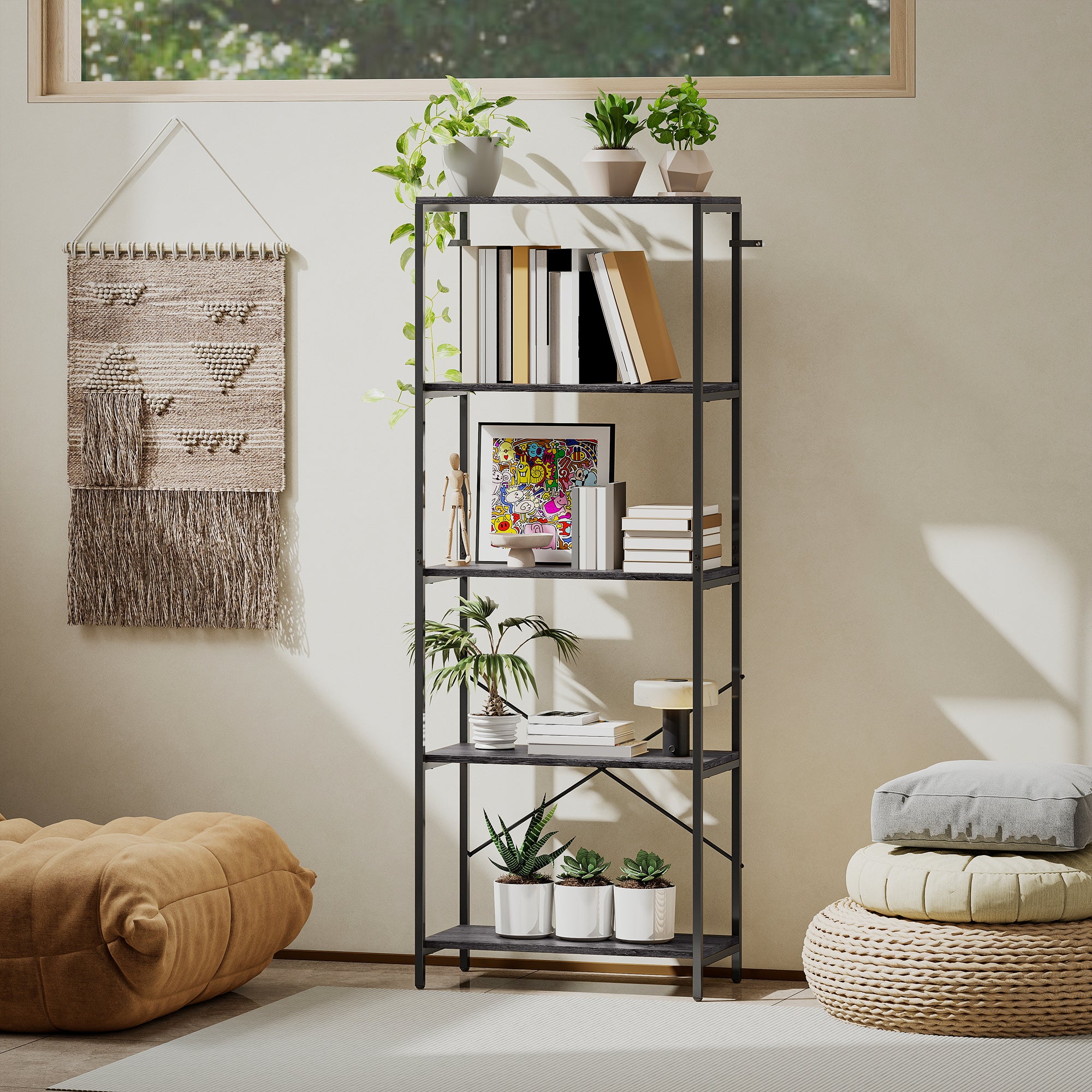 HOMCOM 5-Tier Bookshelf, Industrial Bookcase with Metal Frame - Dark Grey and Black 