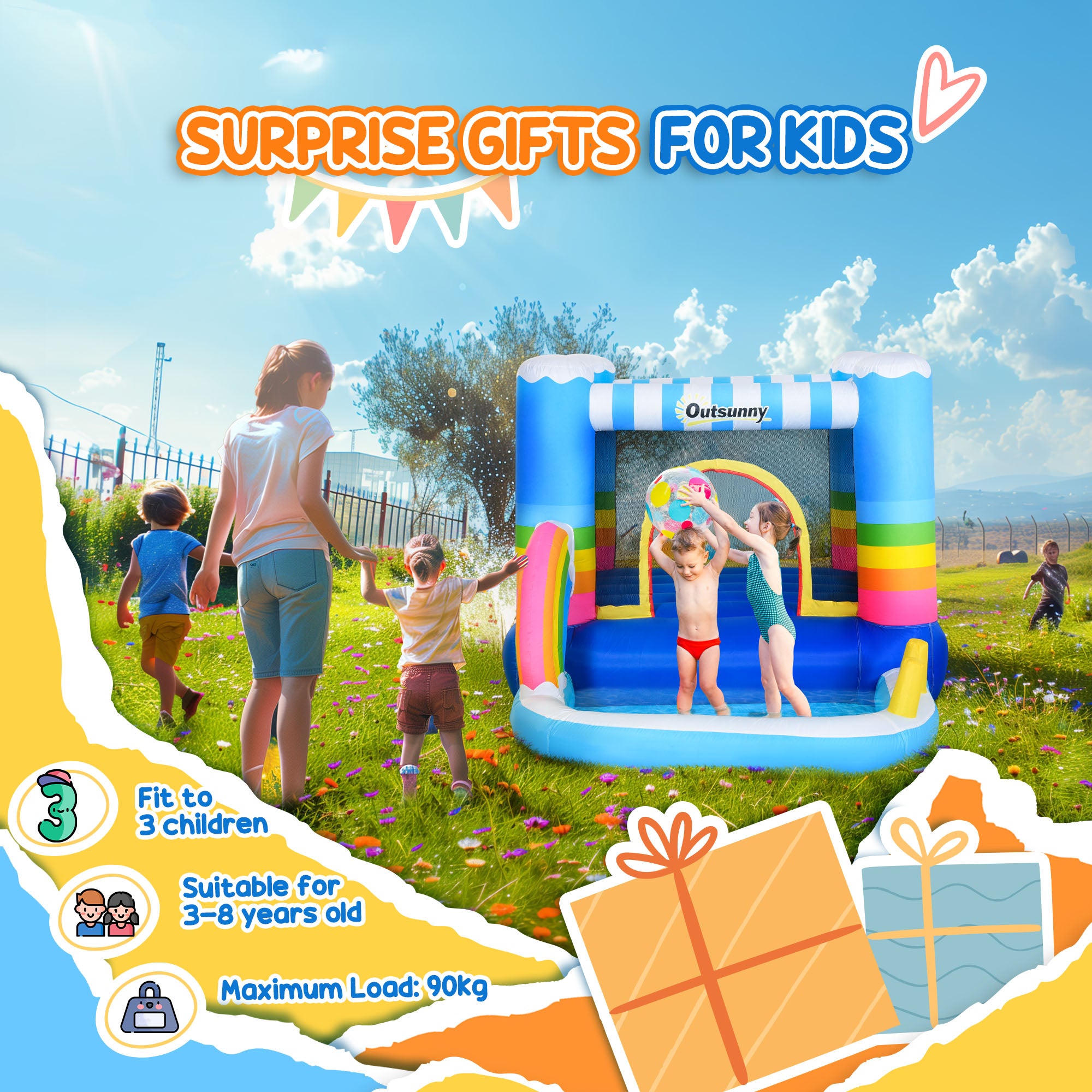 Outsunny Kids Bounce Castle Inflatable House with Trampoline Pool Climbing Wall with Inflator Carrybag, 2.8 x 1.7 x 1.55m 