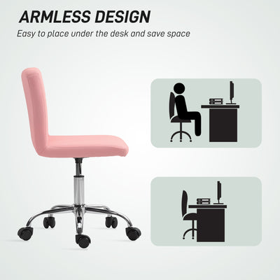 HOMCOM PU Leather Armless Office Chair, Modern Vanity Computer Swivel Chair with Rolling Wheels and Adjustable Height for Home Study, Bedroom, Pink 