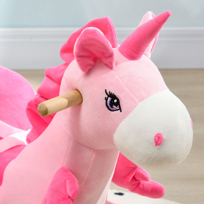HOMCOM Kids Rocking Horse Ride on Unicorn with Songs, Wooden Base, Seatbelt, for Ages 18-36 Months, Pink 