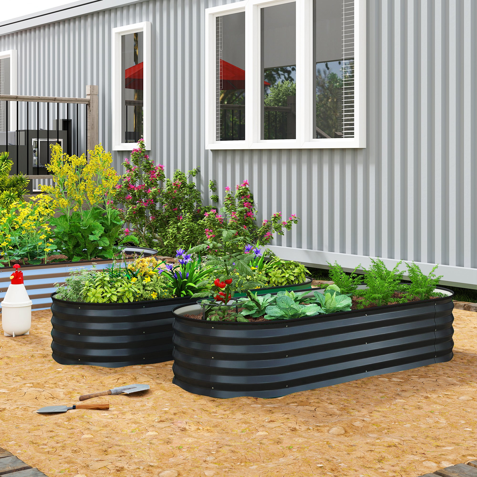 Outsunny Set of Two 150 x 60cm Steel Planters - Dark Grey 