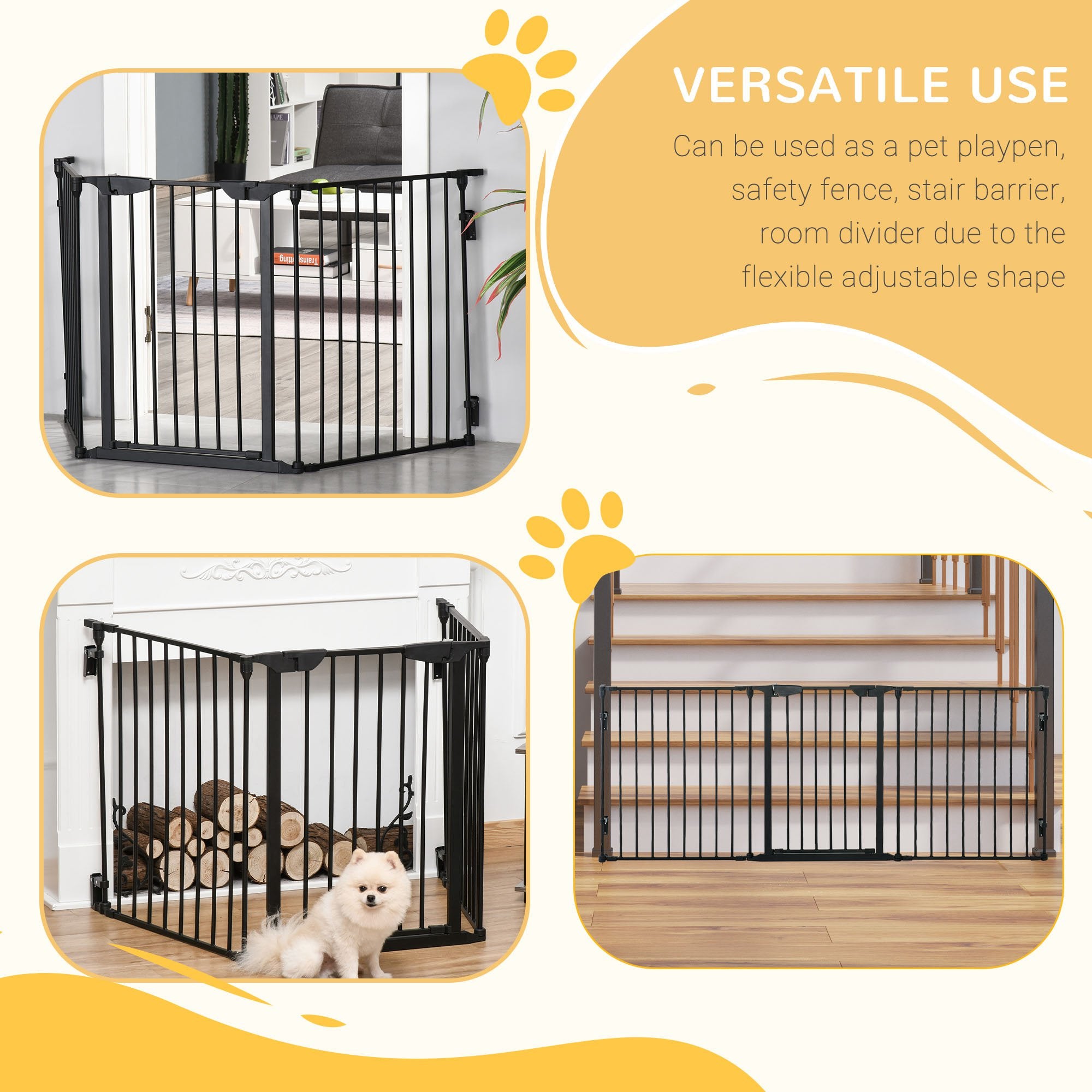 PawHut Pet Safety Gate, 3 Panels Playpen Fireplace, Metal Fence, Stair Barrier, Room Divider w/ Walk-Through Door - Black 