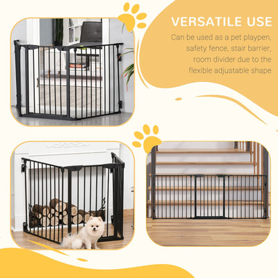 PawHut Pet Safety Gate, 3 Panels Playpen Fireplace, Metal Fence, Stair Barrier, Room Divider w/ Walk-Through Door - Black 