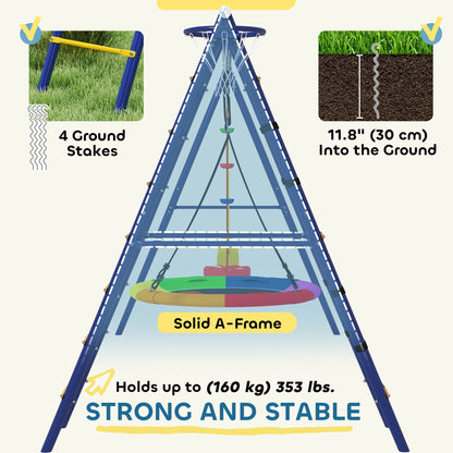 AIYAPLAY 6 in 1 Metal Kids Swing Set with 3 Swings, Climbing Ladder & Net, Basketball Hoop, for Ages 3-8 