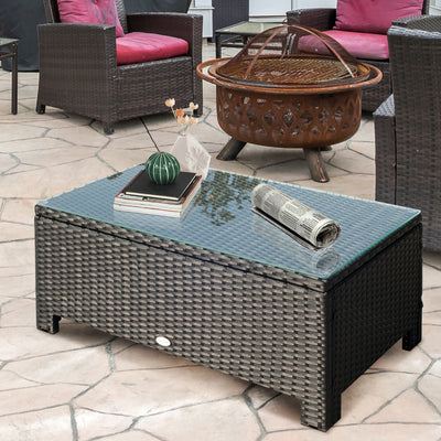 Outsunny PE Rattan Coffee Table, Rectangular Outdoor Coffee Table with Tempered Glass Top, 70 KG Capacity for Garden, Balcony, Terrace, Patio, Black 