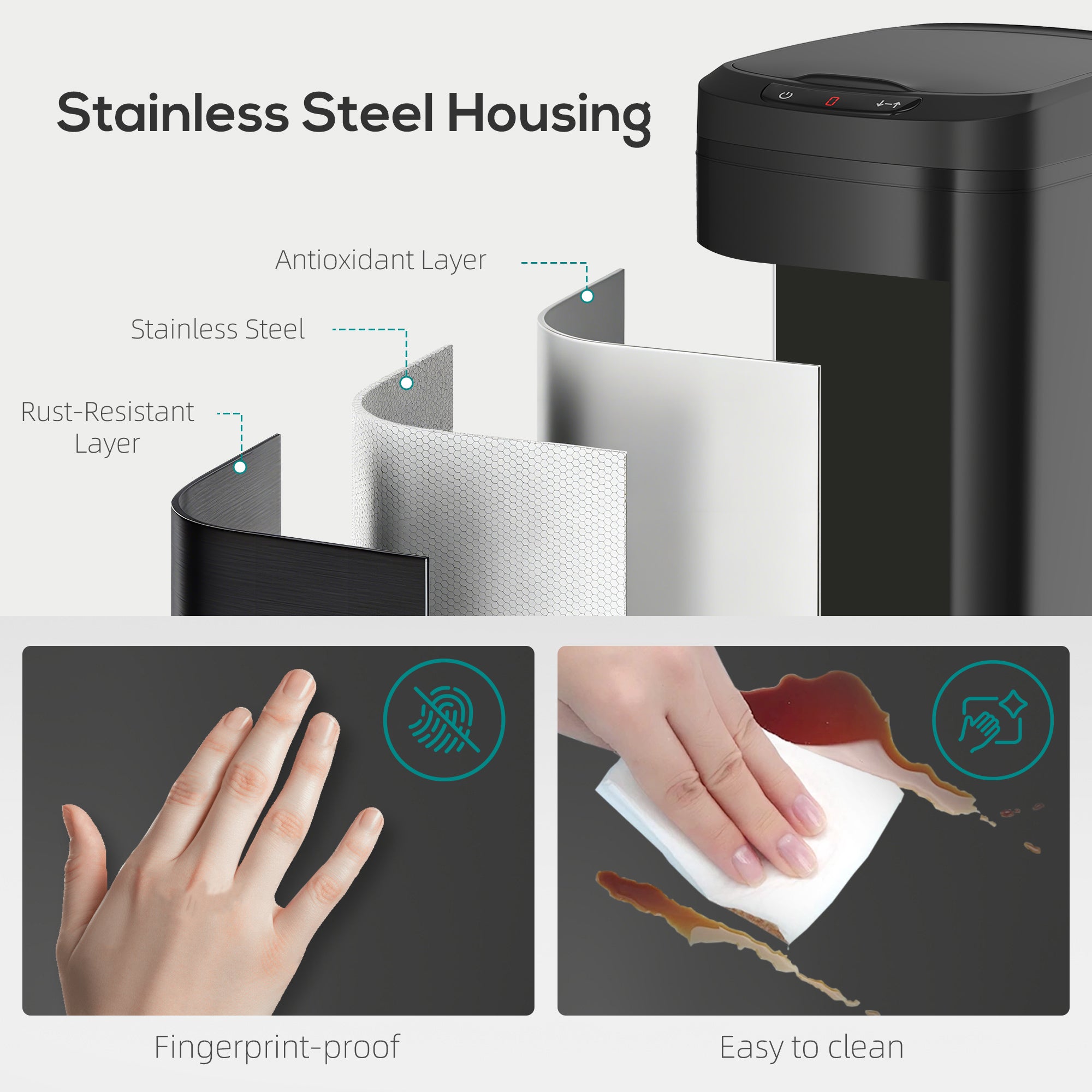 HOMCOM 12L Sensor Bin, Automatic Touchless Motion Sensor Kitchen Bin with Fingerprint Resistant Stainless Steel, Black 