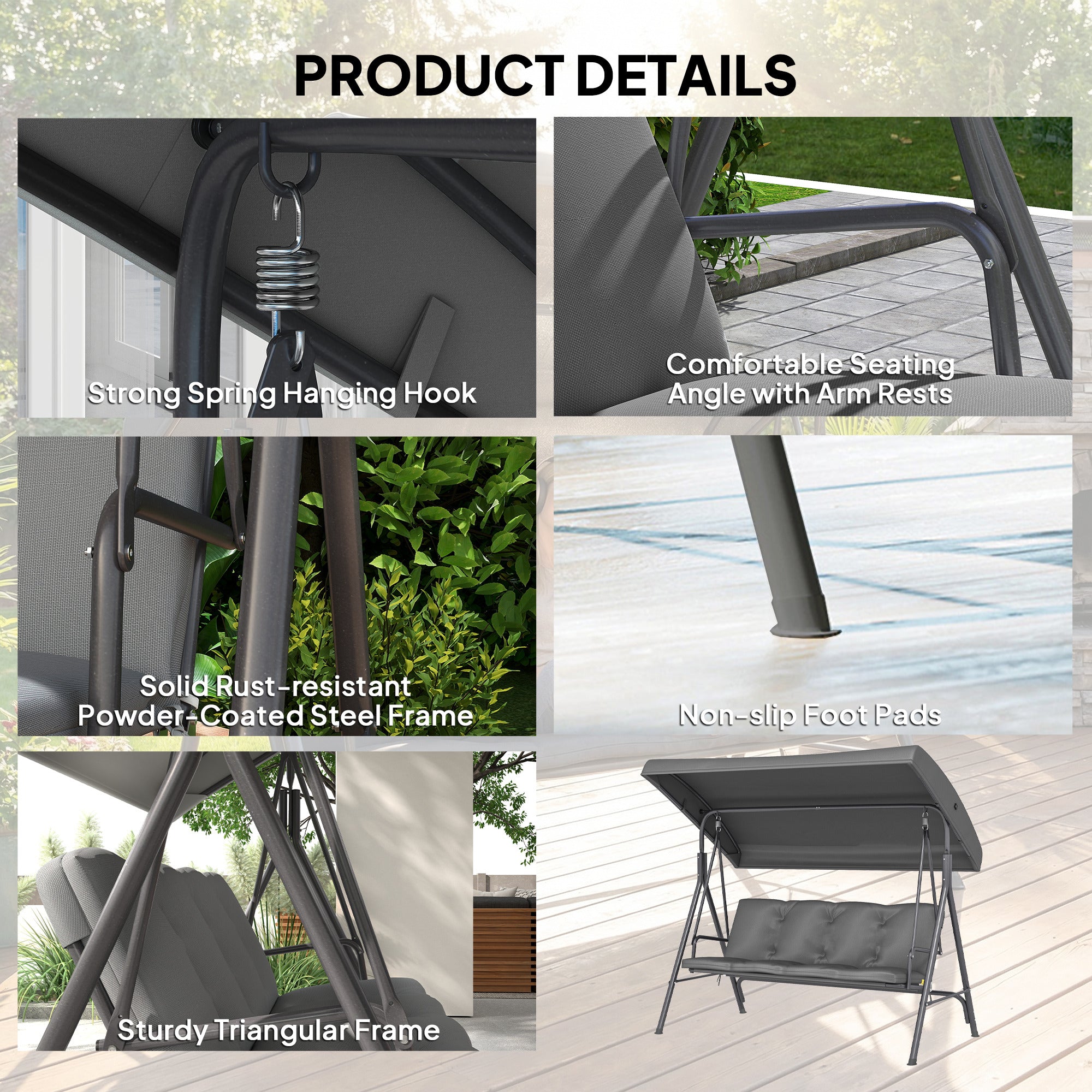 Outsunny 3 Seater Garden Swing Chair, Patio Rocking Bench with Tilting Canopy, Removable Cushion and Steel Frame, Dark Grey 