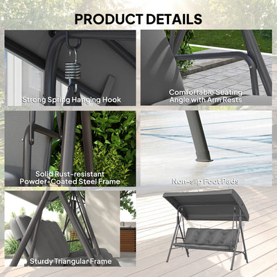 Outsunny 3 Seater Garden Swing Chair, Patio Rocking Bench with Tilting Canopy, Removable Cushion and Steel Frame, Dark Grey 