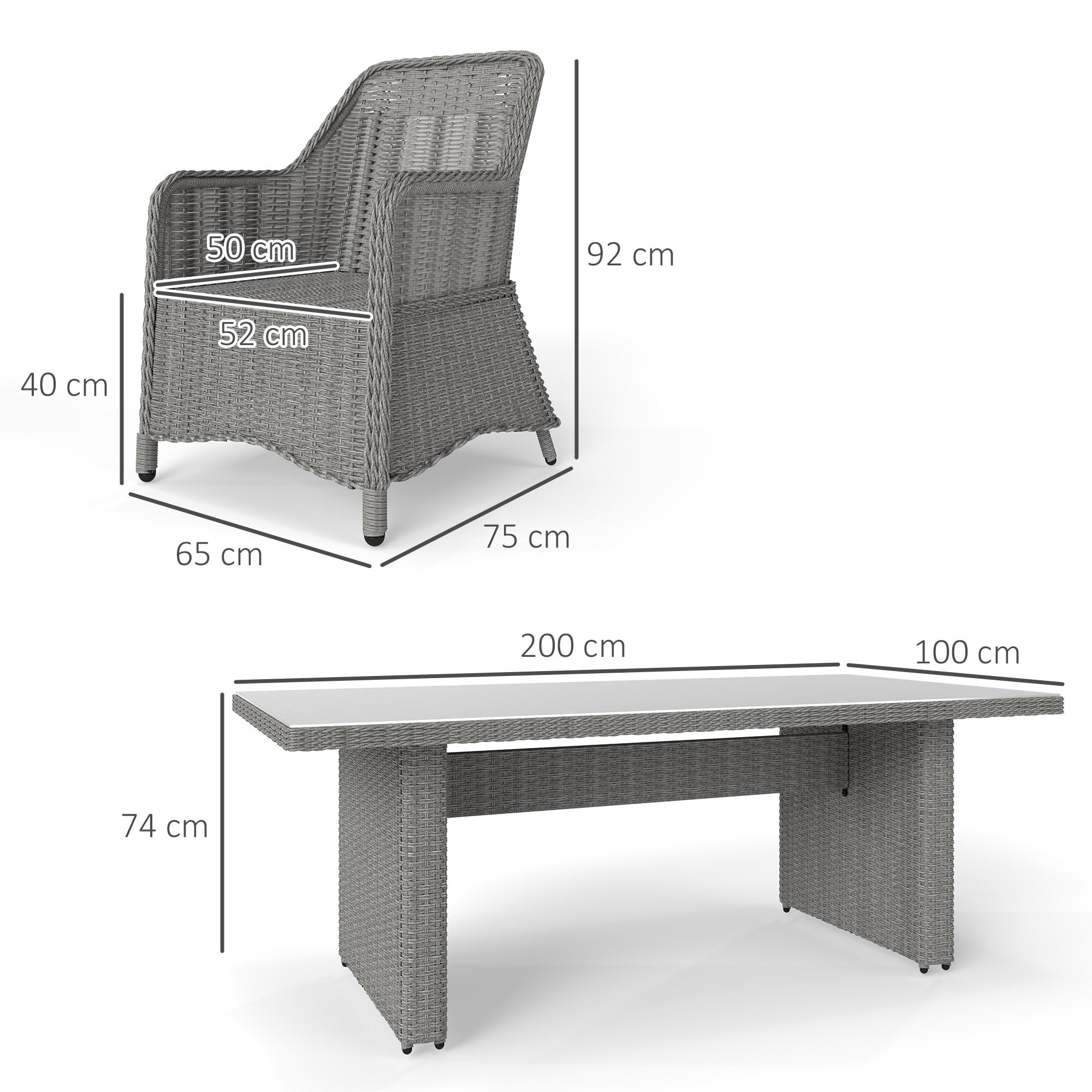 Outsunny 6 Seater Rattan Dining Set, Round PE Rattan Garden Furniture Set with Seat and Back Cushions, Aluminium Outdoor Dining Table and Chairs with 6 Armchairs, Rectangular Glass Top Table, Grey 