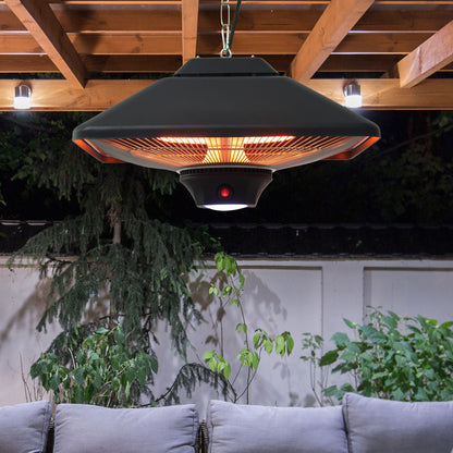 Outsunny Hanging Electric Patio Heater with 2 Power Settings, 1000/2000W Waterproof Ceiling Mounted Aluminium Halogen Infrared Outdoor Heater Warmer with LED Light and Remote Control, Black 