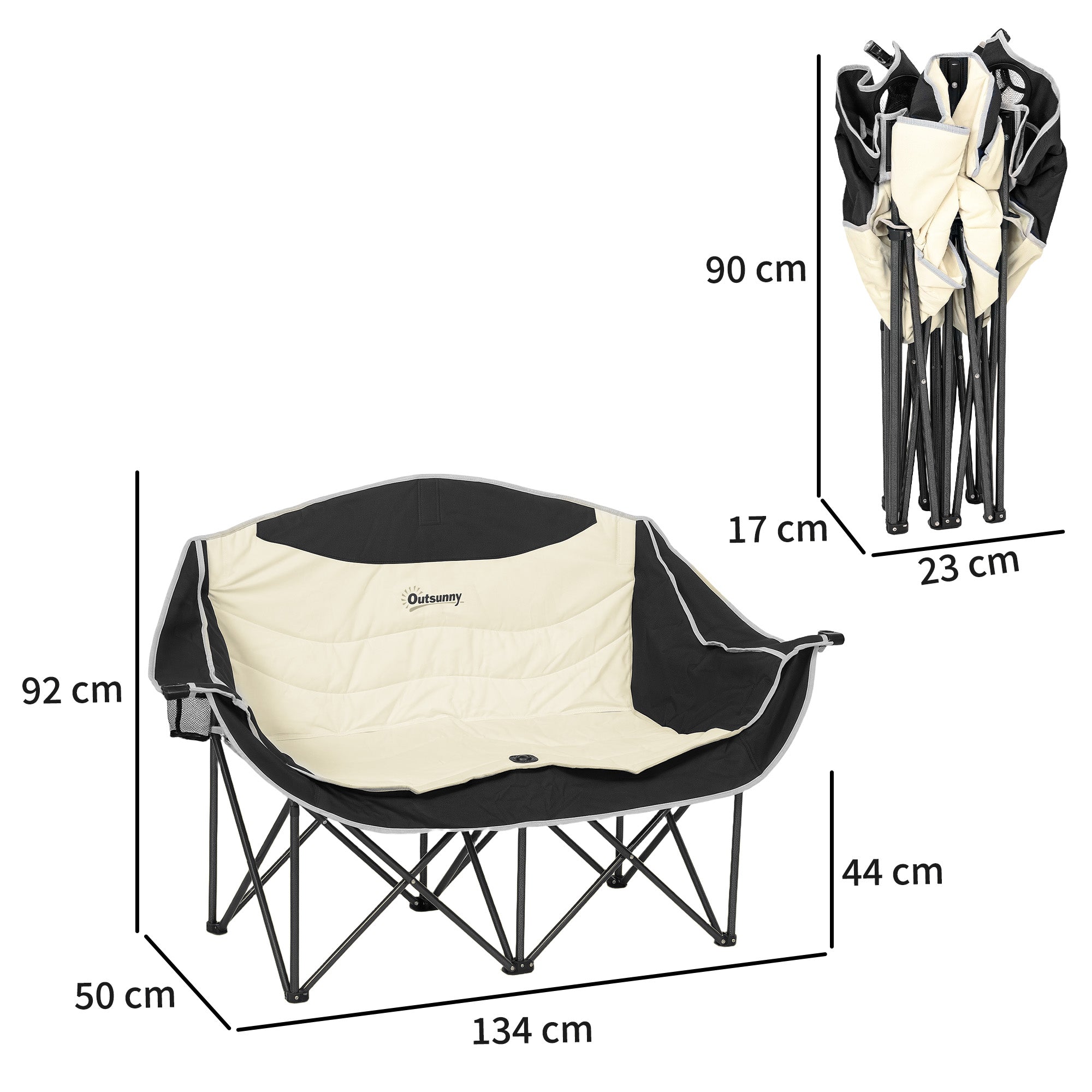 Outsunny Double Camping Chair for Adults, Oversized Heavy Duty Padded Folding Chair with Armrests, Cup Holders and Carry Bag for Outdoor Camping Hiking Picnic Fishing, 250kg Capacity, Khaki 