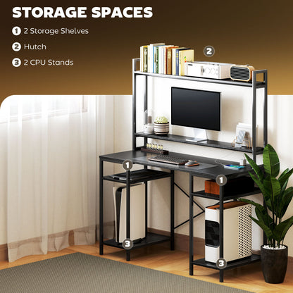 HOMCOM Computer Desk with Power Outlets and LED Lights, Home Office Desk with Monitor Stand and 2 CPU Stands, Study Table Gaming Desk with Hutch, Black 