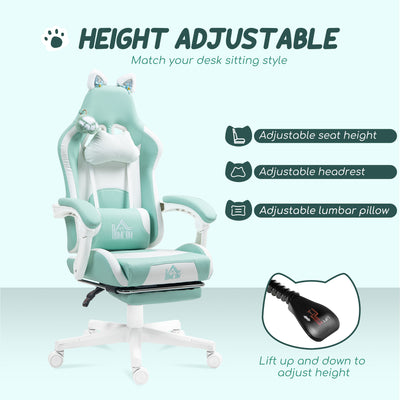 HOMCOM Cat Ear and Paw Reclining Office Chair, with Footrest - Light Blue/White 