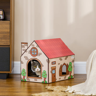 PawHut Two-In-One Cat House, Cat Scratching Board with Scratcher, Catnip, Cat Cardboard Scratcher for Indoor Cats 