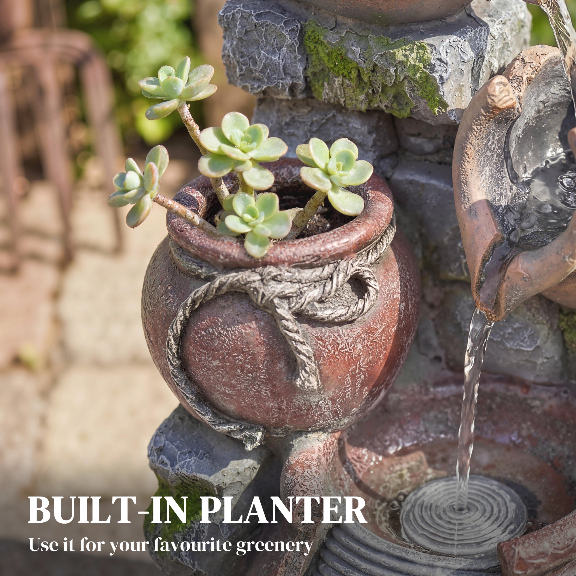 Outsunny Outdoor Fountain with 4-Tier Rustic Pots & Planter, Garden Fountain with LED Lights, Rustic Brown 