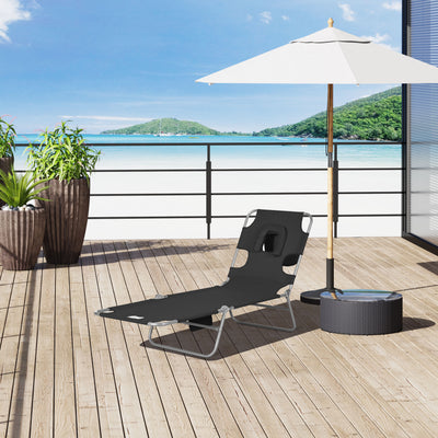 Outsunny Foldable Sun Lounger, Beach Chaise Lounge with Reading Hole, Arm Slots, 5-Position Adjustable Backrest, Side Pocket, Pillow for Patio, Garden, Beach, Pool, Black 