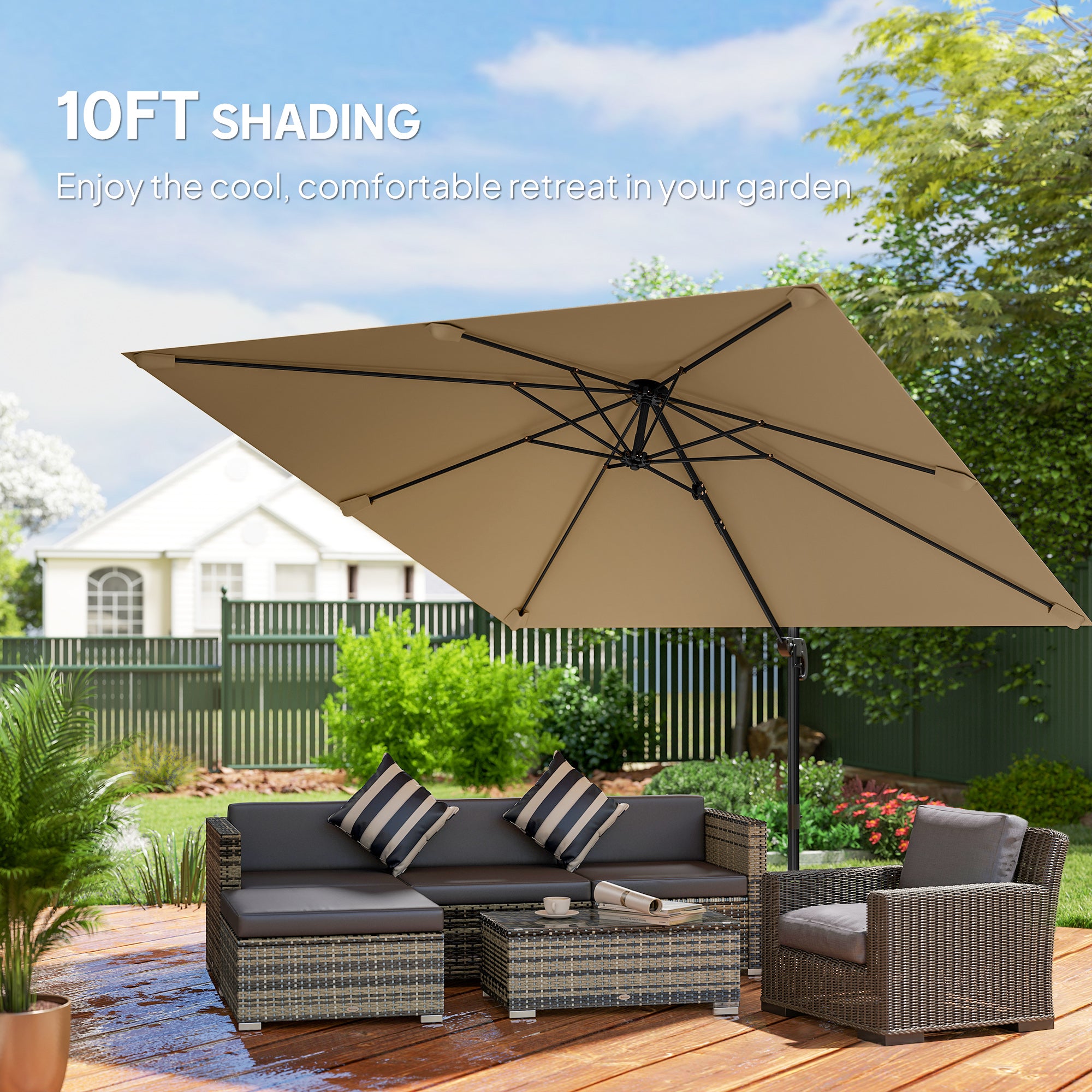 Outsunny 3 x 3 m Cantilever Parasol, Square Patio Umbrella with Crank Handle, Cross Base, Tilt, 360° Rotation, Khaki 