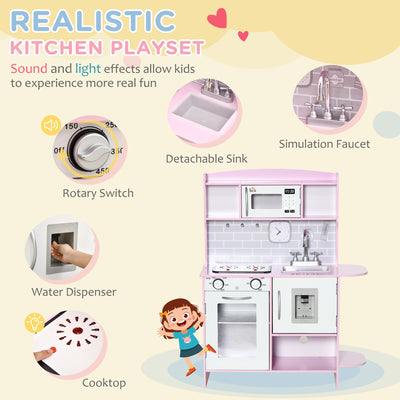 HOMCOM Kids Kitchen Playset, with Lights, Sounds, Microwave, Sink and Storage - Pink 
