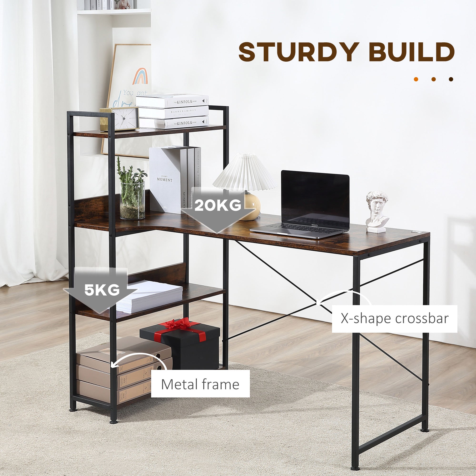 HOMCOM Computer Desk with Storage Shelves 120 CM Corner Desk, Computer Desk Writing Table with Metal Frame for Home Office Small Space, Rustic Brown 