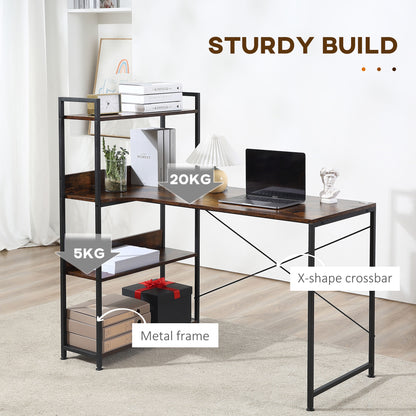 HOMCOM Computer Desk with Storage Shelves 120 CM Corner Desk, Computer Desk Writing Table with Metal Frame for Home Office Small Space, Rustic Brown 