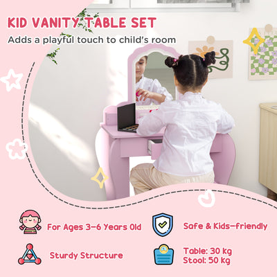 ZONEKIZ Kids Vanity Table with Mirror, Stool, Drawer, Storage Boxes, Cloud Design, for Ages 3-6 Years - Pink 