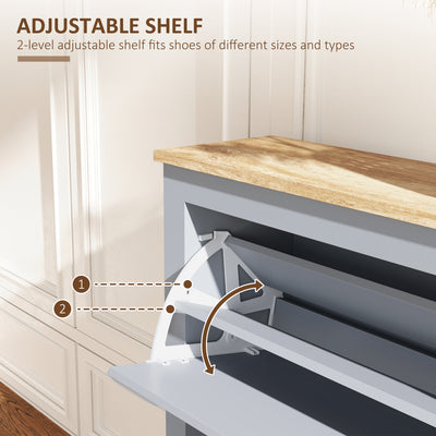 HOMCOM 2 Drawer Shoe Cabinet Modern Narrow Shoe Cupboard Hallway Wooden Storage Organiser with Flip Doors Adjustable Shelf for 6-12 Pairs, Grey 