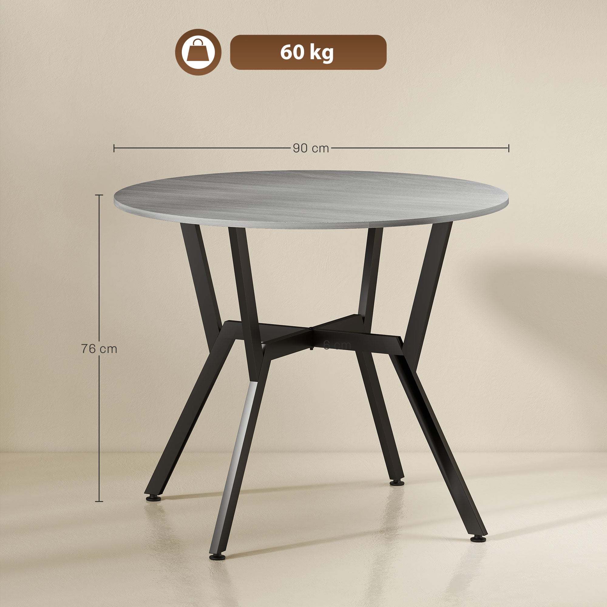 HOMCOM Dining Table, Round Kitchen Table with Black Legs, Anti-slip Foot Pads for Living Room, Dining Room 90 x 76 cm, Grey 