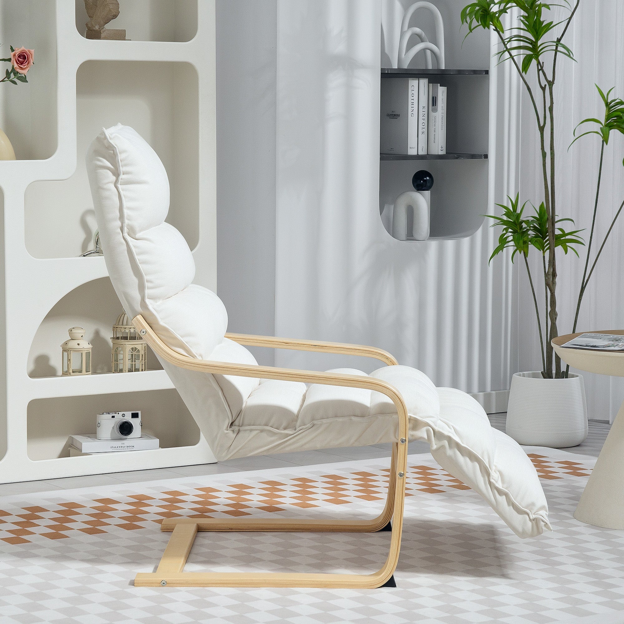 HOMCOM Curved Wooden Accent Chair, with Adjustable Footrest - Cream White 