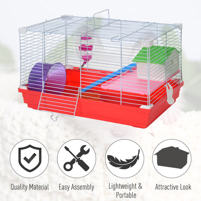 PawHut Hamster Cage, Small Gerbil Cage 2 Tiers Portable w/ Handle, Exercise Wheel, Water Bottle, Dishes 
