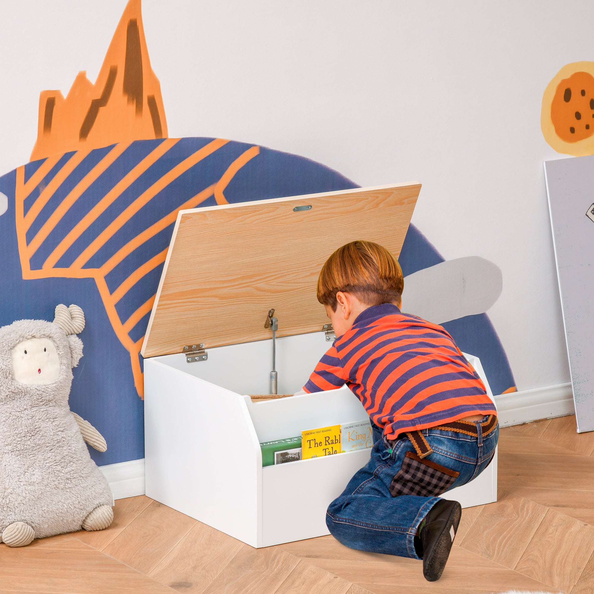 HOMCOM Wooden Kids Toy Box Children Storage Chest Organiser Book Slot Safety Hinge Playroom Furniture White 