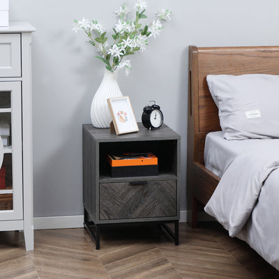 HOMCOM Bedside Table with Drawer and Shelf, Side End Table with Steel Legs for Living Room, Bedroom, Dark Grey 