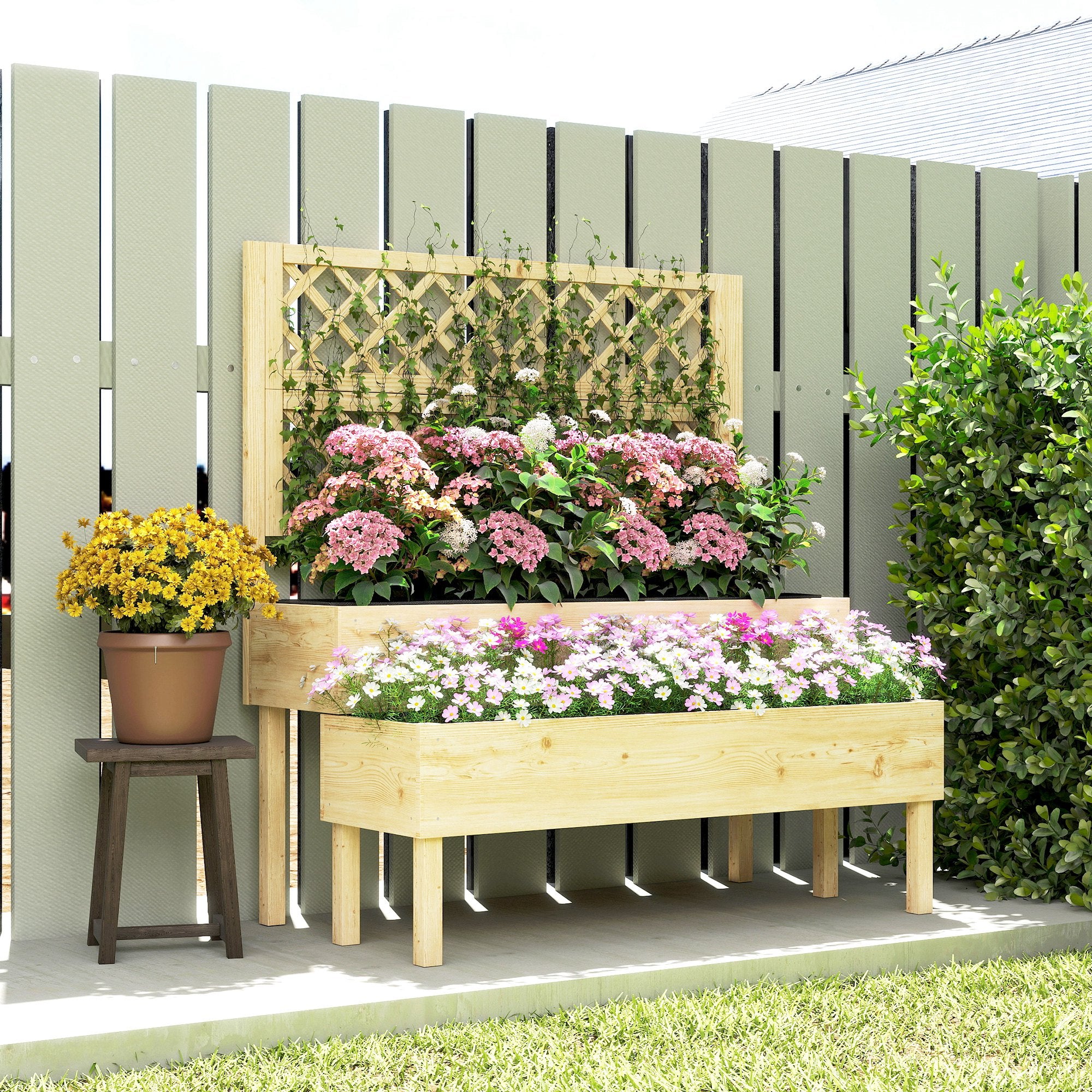 Outsunny Raised Garden Bed 2-Tier Stepped Design Planter Box with Trellis for Climbing Plants 108x62x120 cm 
