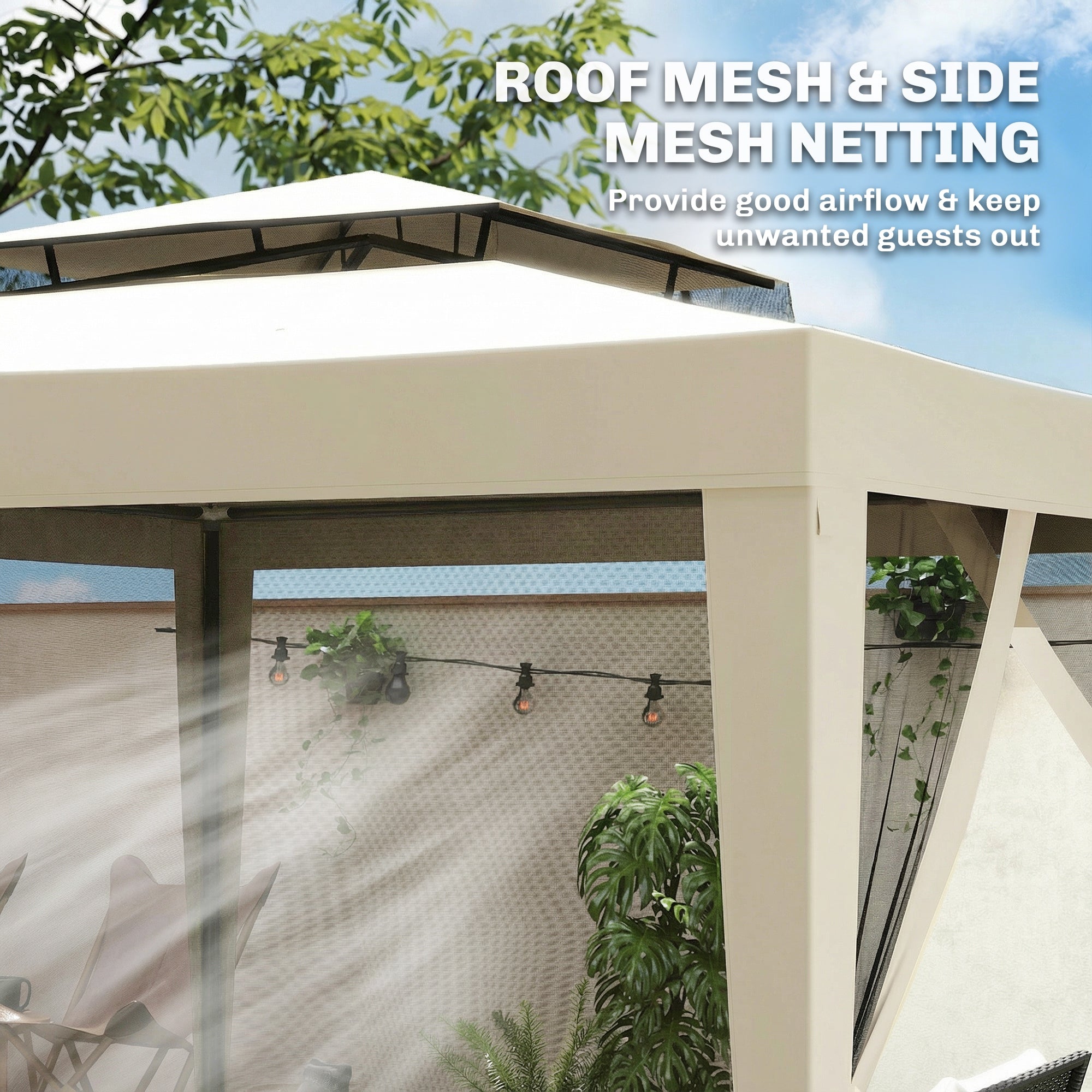 Outsunny 3 x 3 m Gazebo, Netting Party Tent, Patio Canopy Outdoor Event Shelter with Double Tier Roof, Beige 