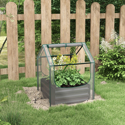 Outsunny Metal Planter Box with Cover, Raised Garden Bed with Greenhouse, for Herbs and Vegetables, Clear and Dark Grey 