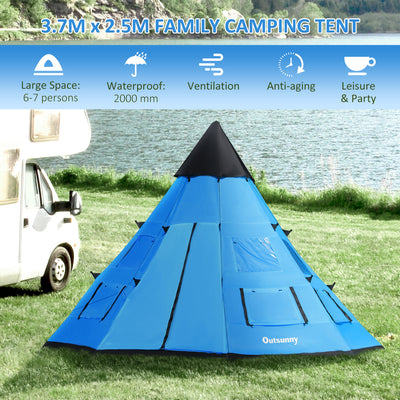 Outsunny 6 Men Tipi Tent, Camping Tent, Teepee Family Tent with Mesh Windows, Sewn-in Tent Floor, Two Doors and Carry Bag, Easy Set Up, for Hiking Picnics Outdoor Night, Blue 