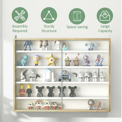 HOMCOM 5-Tier Wall Display Shelf Unit Cabinet w/ 4 Adjustable Shelves Glass Doors Home Office Ornaments 60x80cm Natural 