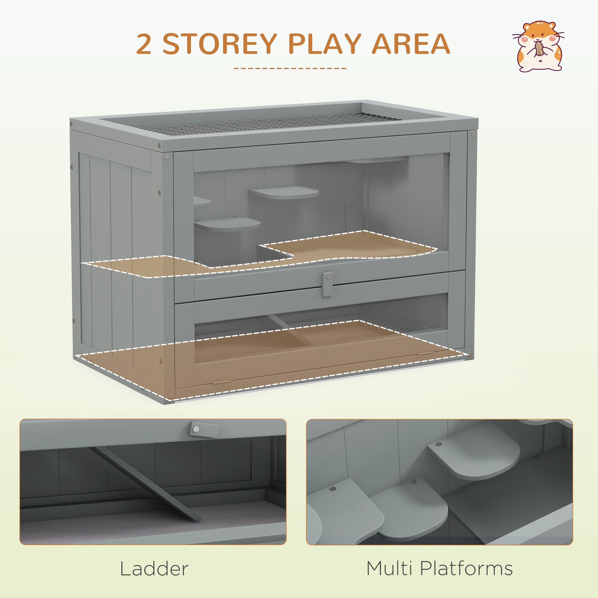 PawHut Wooden Hamster Cage Mouse Mice Rodent Small Animals Hutch Exercise Play House 60 x 35 x 42cm, Grey 