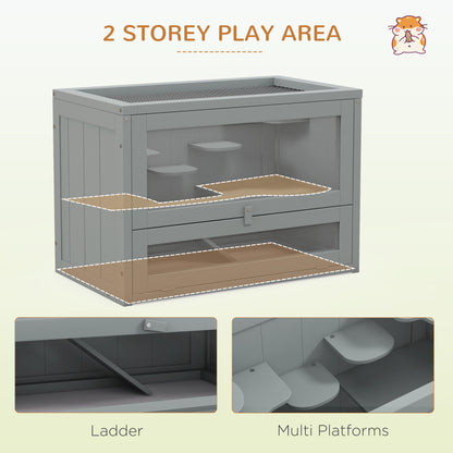 PawHut Wooden Hamster Cage Mouse Mice Rodent Small Animals Hutch Exercise Play House 60 x 35 x 42cm, Grey 
