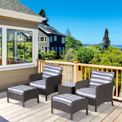 Outsunny 5 Pieces PE Rattan Garden Furniture Set with 10cm Thick Padded Cushions, Wicker Weave Outdoor Seating Chairs with 2 Armchairs, 2 Stools, Glass Top Table, Dark Grey 