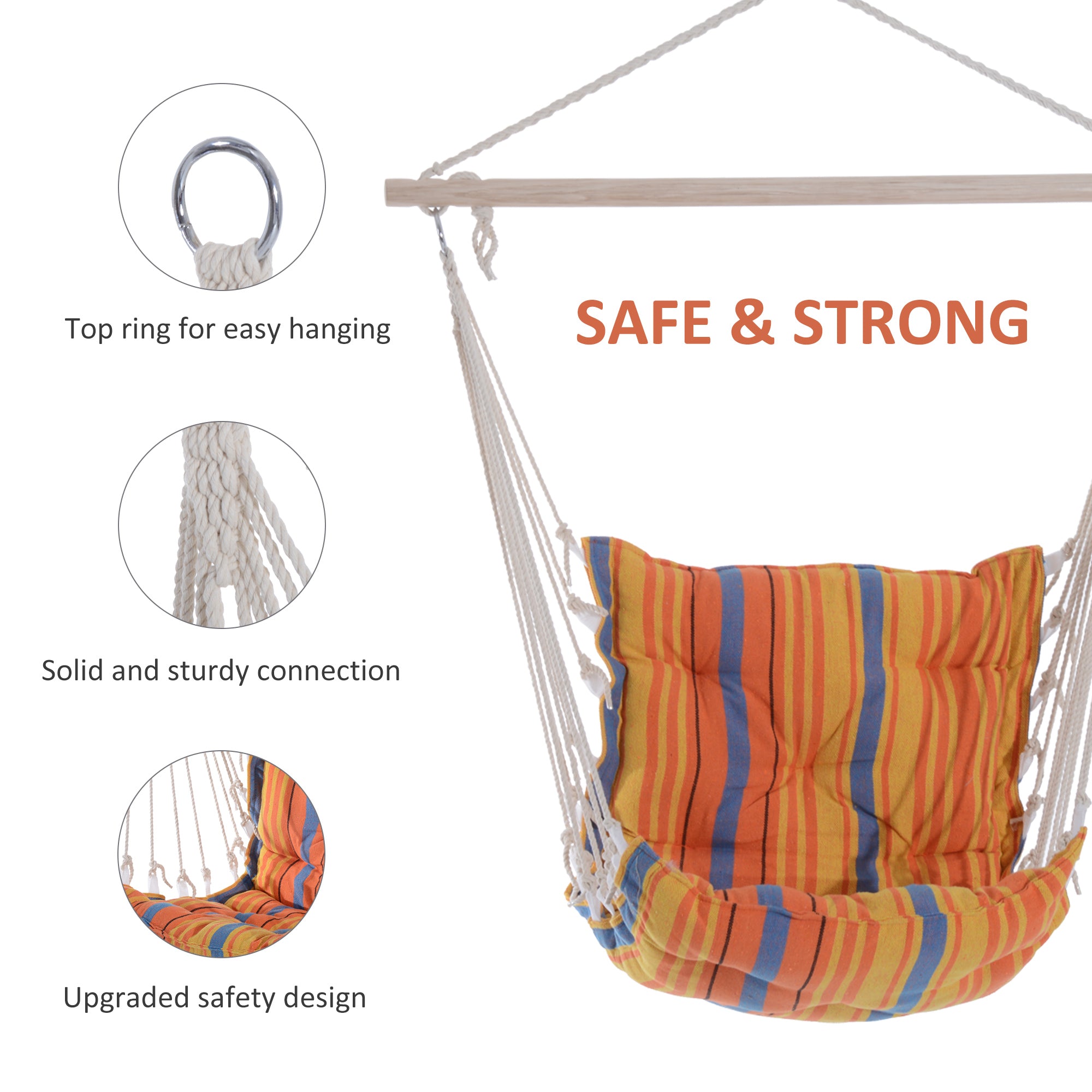 Outsunny Outdoor Hanging Rope Chair with Soft Padded Seat & Backrest, Garden Hammock Chair with Wooden Support Bar Cotton Cloth, Portable Garden Chair for Patio & Tree, Orange 