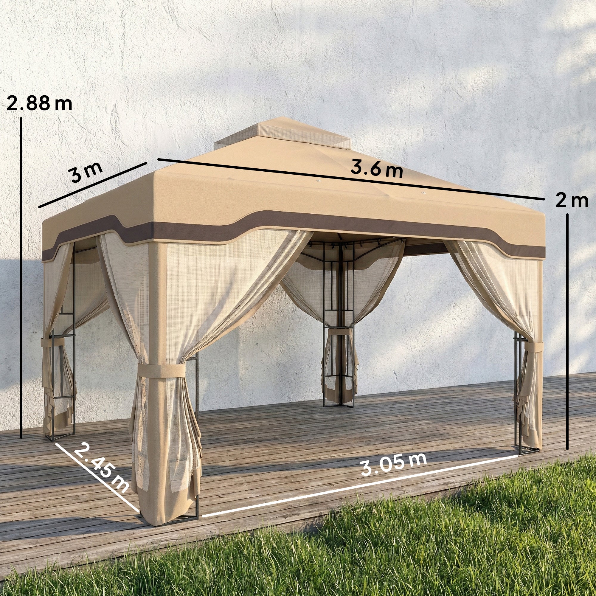 Outsunny 3 x 3.6 m Outdoor Garden Gazebo with Post Shelves, UPF50+ Patio Permanent Pavilion with Hook, Khaki 