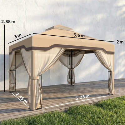 Outsunny 3 x 3.6 m Outdoor Garden Gazebo with Post Shelves, UPF50+ Patio Permanent Pavilion with Hook, Khaki 